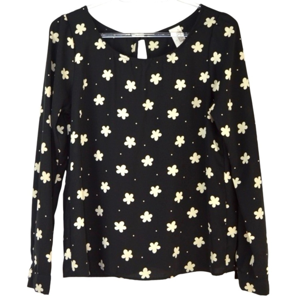 Francesca’s Long Sleeve Open Back Blouse, Flowers & Dots, Size Small